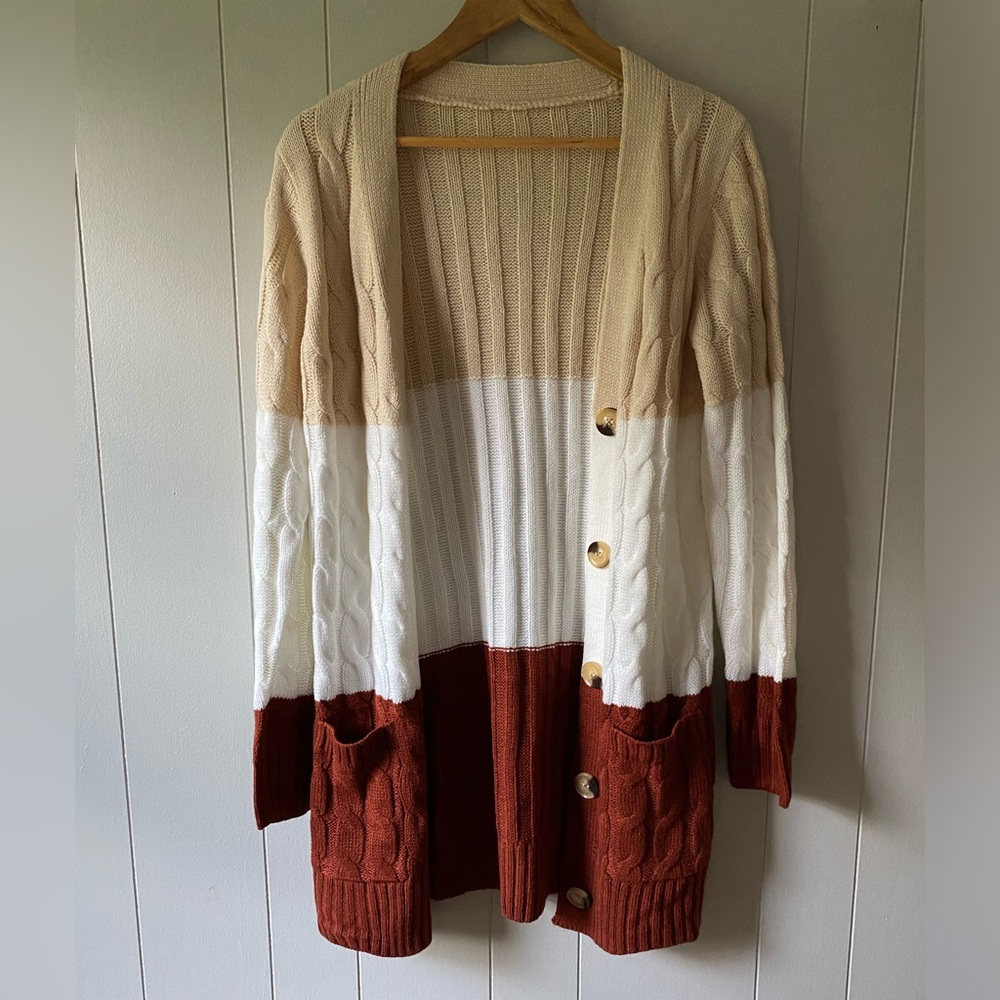 Knit color blocked long cardigan. Size medium